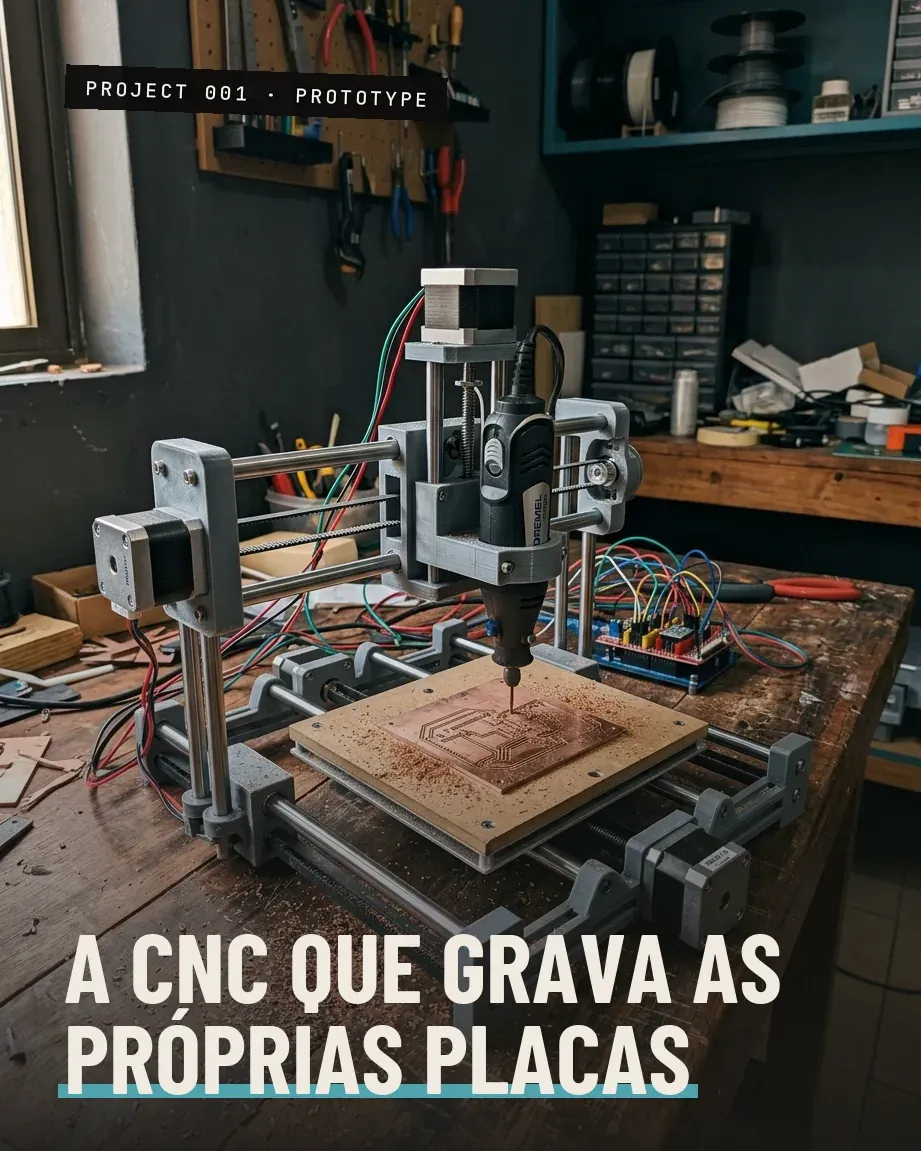 Pôster da CNC CoreCut: a mini CNC CoreXY gravando uma placa de fenolite na bancada