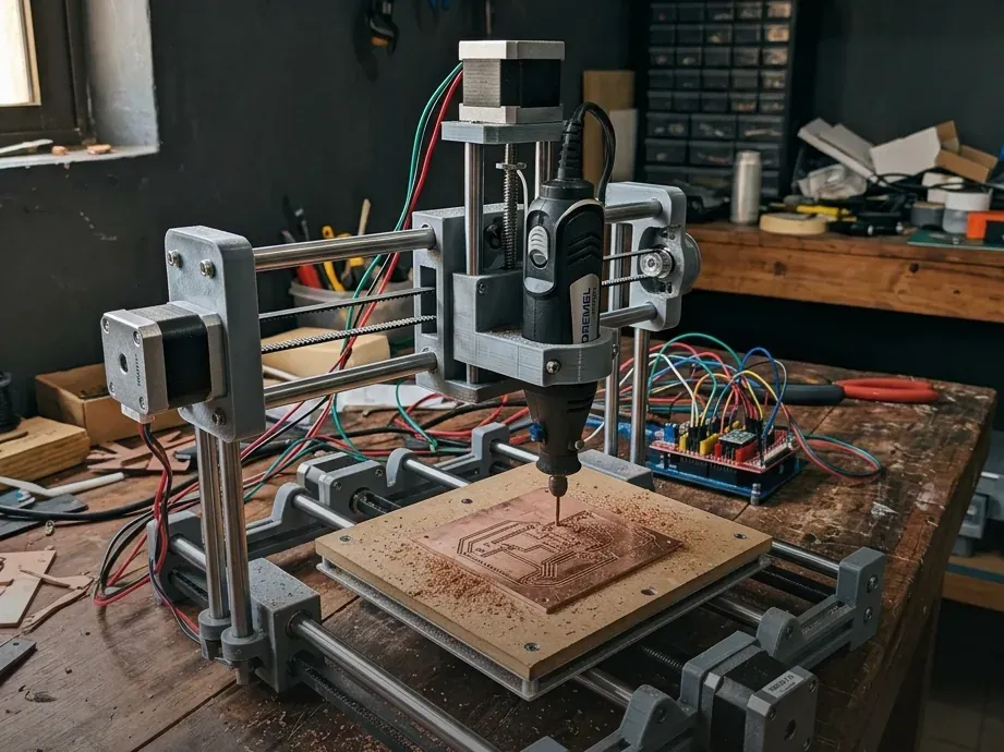 Pôster da CNC CoreCut: a mini CNC CoreXY gravando uma placa de fenolite na bancada
